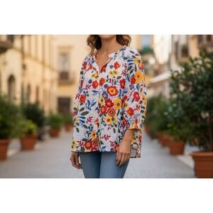 Intro Womens Tops Multicolor Sz Large Eyelet Tunic Blouse Floral Print Boho -New